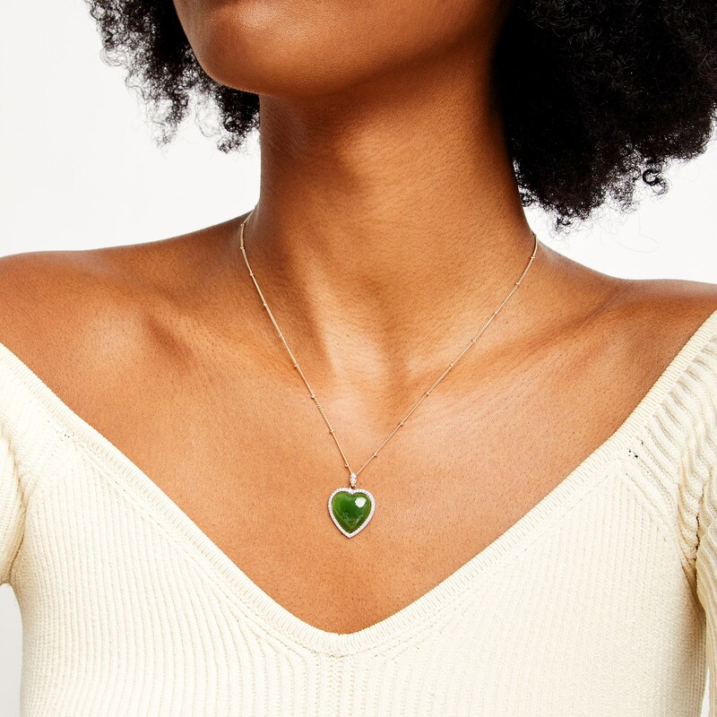 Main Image 2 of 16.0mm Heart-Shaped Jade and 1/4 CT. T.W. Diamond Frame Necklace in 10K Gold