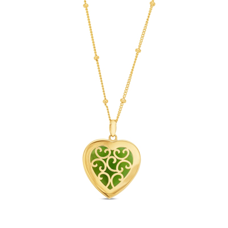 Main Image 4 of 16.0mm Heart-Shaped Jade and 1/4 CT. T.W. Diamond Frame Necklace in 10K Gold