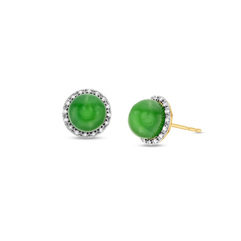 Main Image 1 of 8.0mm Jade and 1/8 CT. T.W. Diamond Frame Stud Earrings in 10K Gold