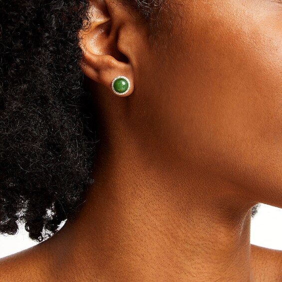 8.0mm Jade and 1/8 CT. T.w. Diamond Frame Stud Earrings in 10K Gold