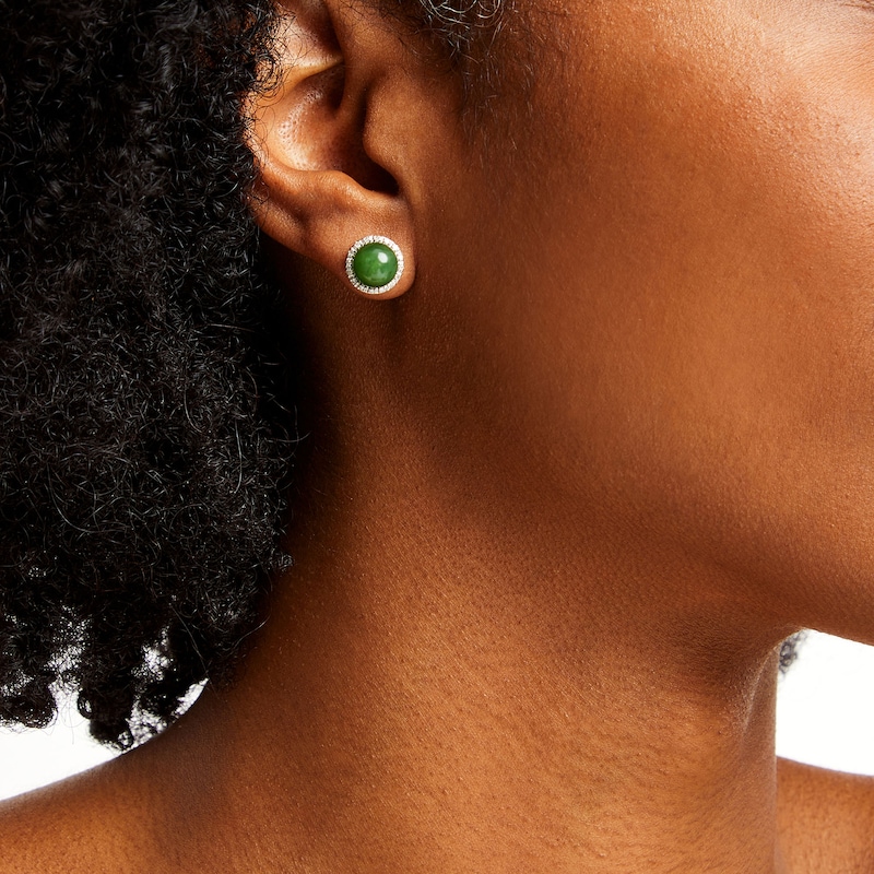 Main Image 2 of 8.0mm Jade and 1/8 CT. T.W. Diamond Frame Stud Earrings in 10K Gold