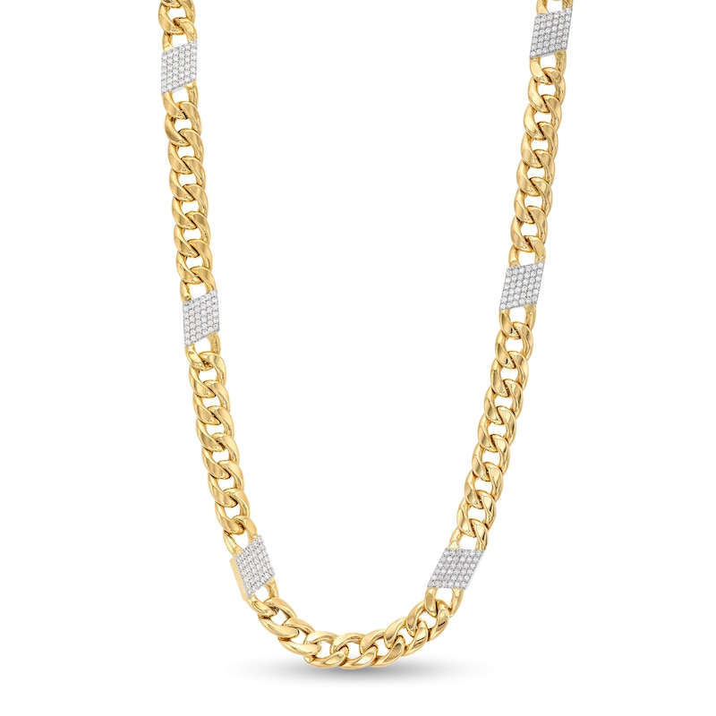 Main Image 1 of 1-1/8 CT. T.W. Diamond Station Cuban Curb Chain Necklace in 10K Gold - 22"