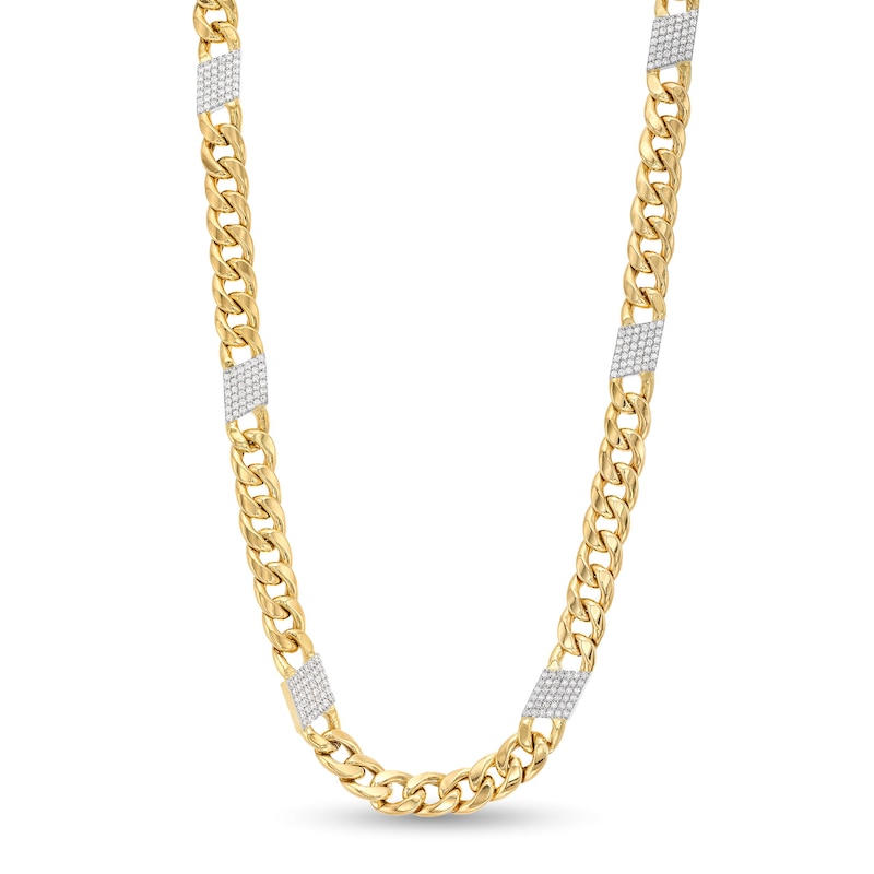 1-1/8 CT. T.W. Diamond Station Cuban Curb Chain Necklace in 10K Gold - 22"