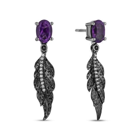 Enchanted Disney Villains Dr. Facilier Amethyst and 1/10 CT. T.w. Diamond Feather Drop Earrings in Sterling Silver