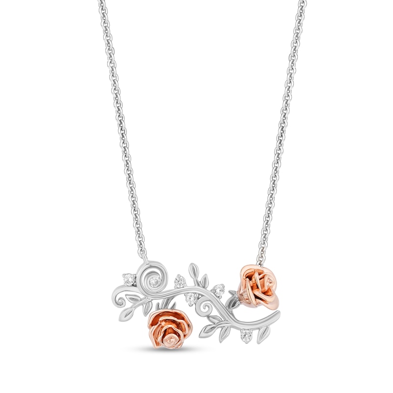 Main Image 1 of Enchanted Disney Belle 1/15 CT. T.W. Diamond Rose Vine Necklace in Sterling Silver and 10K Rose Gold