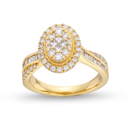 1 CT. T.W. Oval Multi-Diamond Frame Crossover Shank Engagement Ring in 14K Gold