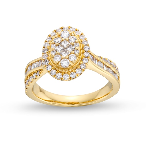 1 CT. T.w. Oval Multi-Diamond Frame Crossover Shank Engagement Ring in 14K Gold
