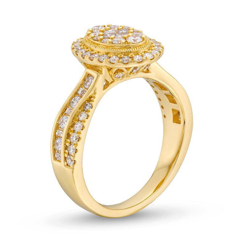 Main Image 3 of 1 CT. T.W. Oval Multi-Diamond Frame Crossover Shank Engagement Ring in 14K Gold