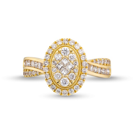 1 CT. T.w. Oval Multi-Diamond Frame Crossover Shank Engagement Ring in 14K Gold