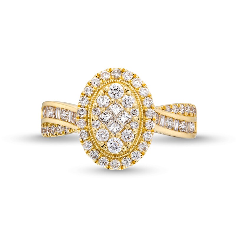 Main Image 4 of 1 CT. T.W. Oval Multi-Diamond Frame Crossover Shank Engagement Ring in 14K Gold