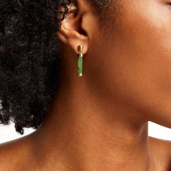 Jade Cylinder Bar Drop Earrings in 10K Gold