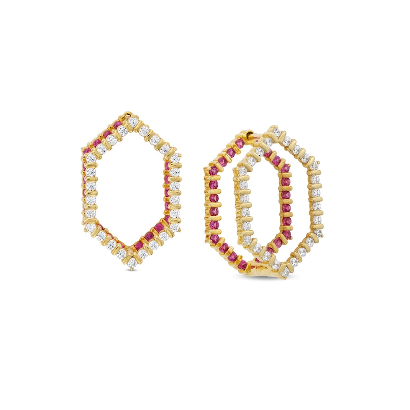 Main Image 1 of Lab-Created Ruby and White Lab-Created Sapphire Double Hexagon Earrings in 10K Gold