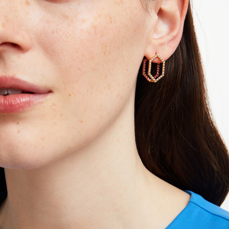 Main Image 2 of Lab-Created Ruby and White Lab-Created Sapphire Double Hexagon Earrings in 10K Gold