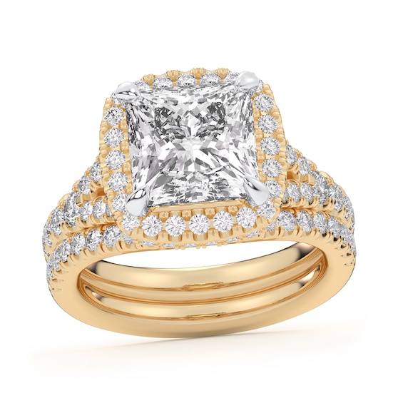 5-1/4 CT. T.w. Certified Princess-Cut Lab-Grown Diamond Framed Split Shank Bridal Set in 14K Gold (I/Si2)