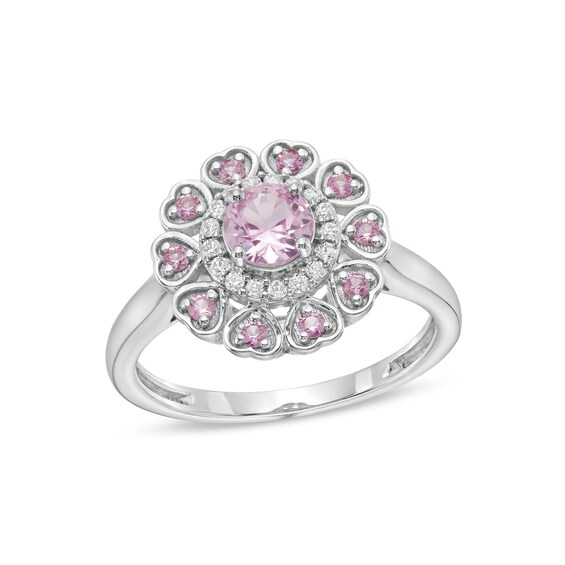 5.0mm Pink and White Lab-Created Sapphire Heart Petal Frame Ring in Sterling Silver