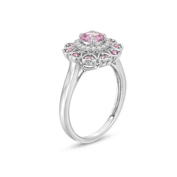 5.0mm Pink and White Lab-Created Sapphire Heart Petal Frame Ring in Sterling Silver