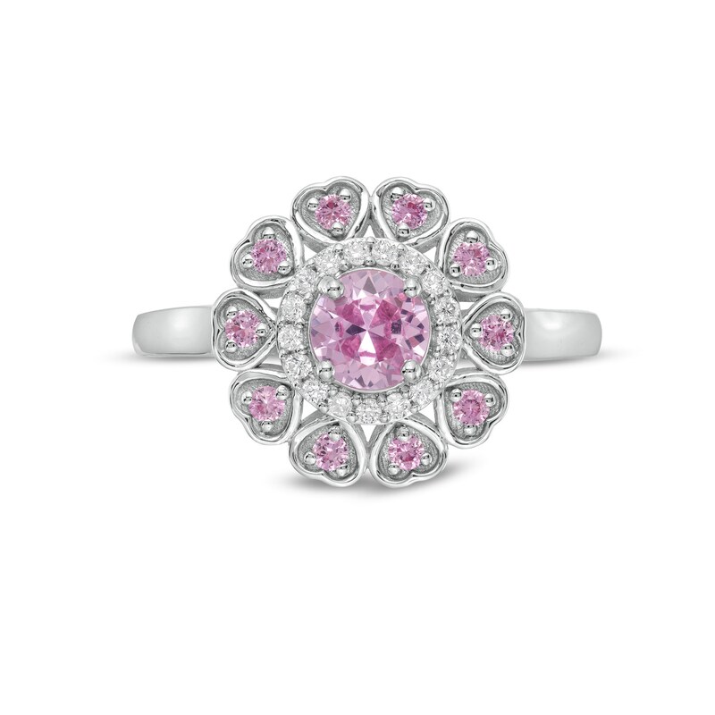 Main Image 4 of 5.0mm Pink and White Lab-Created Sapphire Heart Petal Frame Ring in Sterling Silver