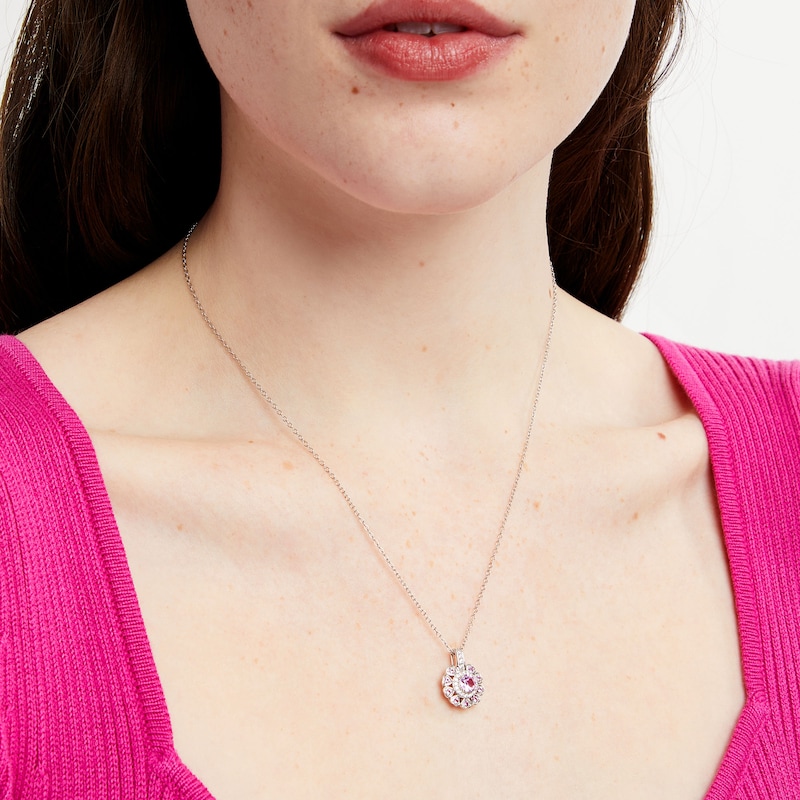 Main Image 2 of 5.0mm Pink and White Lab-Created Sapphire Heart Petal Frame Pendant in Sterling Silver