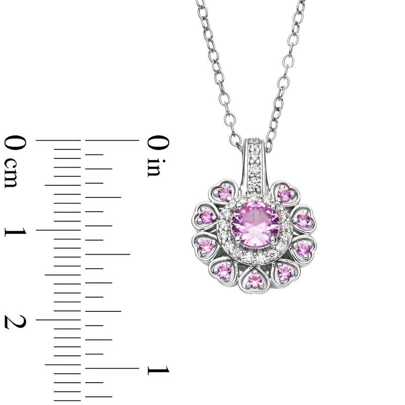 Main Image 3 of 5.0mm Pink and White Lab-Created Sapphire Heart Petal Frame Pendant in Sterling Silver