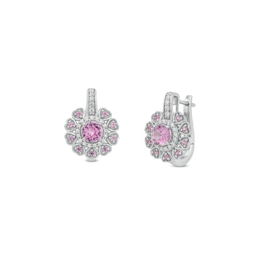 4.0mm Pink and White Lab-Created Sapphire Heart Petal Frame Drop Earrings in Sterling Silver