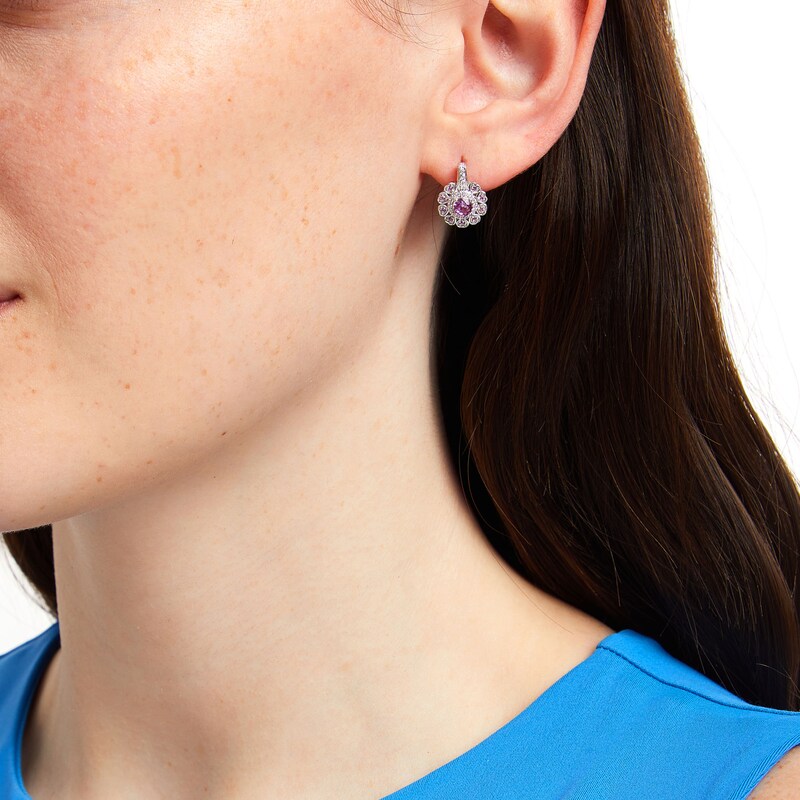 Main Image 2 of 4.0mm Pink and White Lab-Created Sapphire Heart Petal Frame Drop Earrings in Sterling Silver