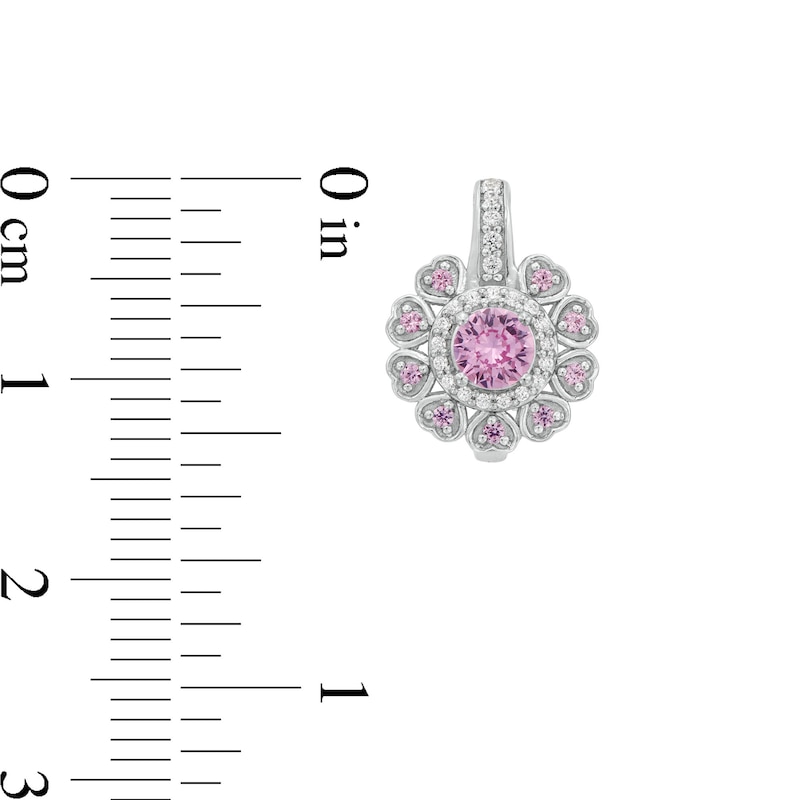Main Image 3 of 4.0mm Pink and White Lab-Created Sapphire Heart Petal Frame Drop Earrings in Sterling Silver