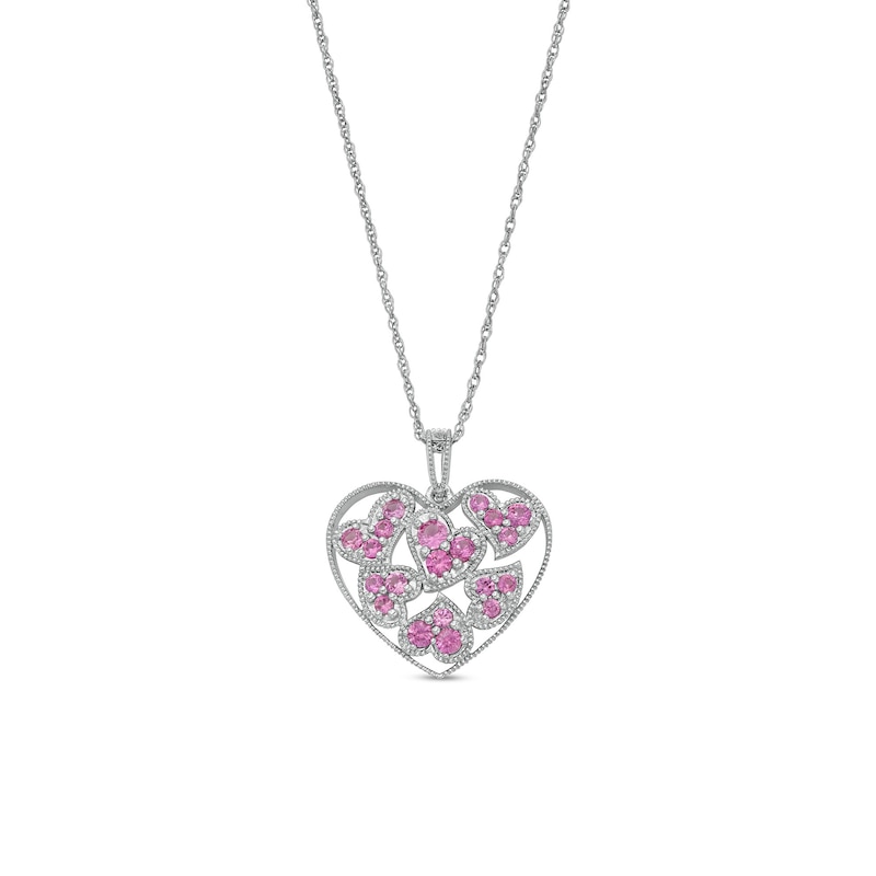 Main Image 1 of Pink Lab-Created Sapphire Scatter Hearts Open Frame Pendant in Sterling Silver