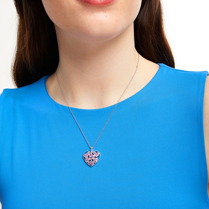 Main Image 2 of Pink Lab-Created Sapphire Scatter Hearts Open Frame Pendant in Sterling Silver