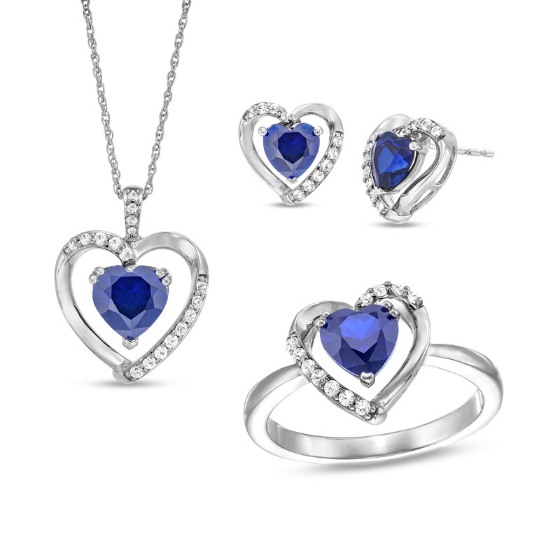 Main Image 1 of Heart-Shaped Lab-Created Blue and White Sapphire Pendant, Ring and Earrings Set in Sterling Silver