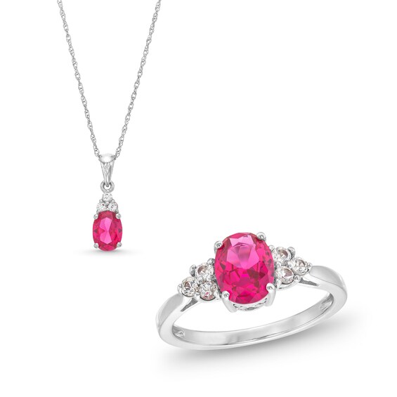Oval Lab-Created Ruby and White Lab-Created Sapphire Pendant and Ring Set in Sterling Silver