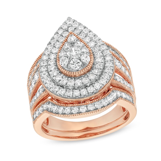1-1/4 CT. T.w. Pear-Shaped Multi-Diamond Frame Multi-Row Vintage-Style Bridal Set in 10K Rose Gold