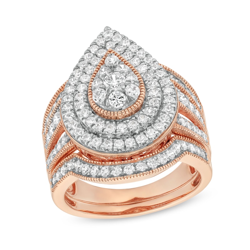 Main Image 1 of 1-1/4 CT. T.W. Pear-Shaped Multi-Diamond Frame Multi-Row Vintage-Style Bridal Set in 10K Rose Gold