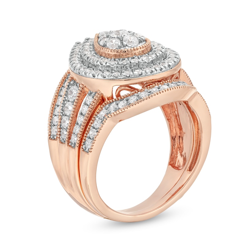 Main Image 3 of 1-1/4 CT. T.W. Pear-Shaped Multi-Diamond Frame Multi-Row Vintage-Style Bridal Set in 10K Rose Gold