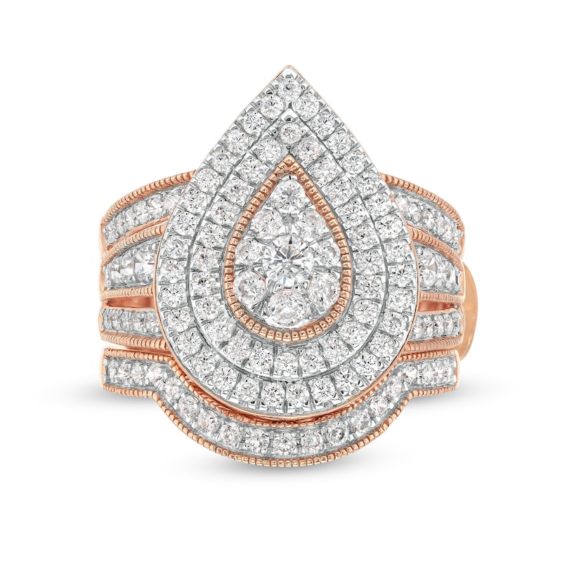 Main Image 4 of 1-1/4 CT. T.W. Pear-Shaped Multi-Diamond Frame Multi-Row Vintage-Style Bridal Set in 10K Rose Gold