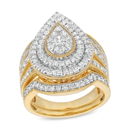 1-1/4 CT. T.W. Pear-Shaped Multi-Diamond Frame Multi-Row Vintage-Style Bridal Set in 10K Gold