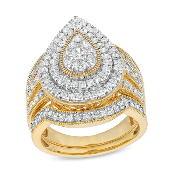 1-1/4 CT. T.w. Pear-Shaped Multi-Diamond Frame Multi-Row Vintage-Style Bridal Set in 10K Gold