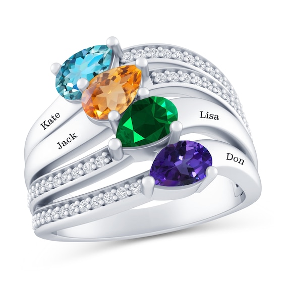 Engravable Pear Gemstone and White Lab-Created Sapphire Family Ring (2-4 Stones)