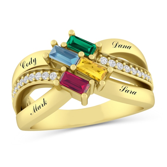 Engravable Baguette Gemstone and White Lab-Created Sapphire Family Ring (1-4 Stones)