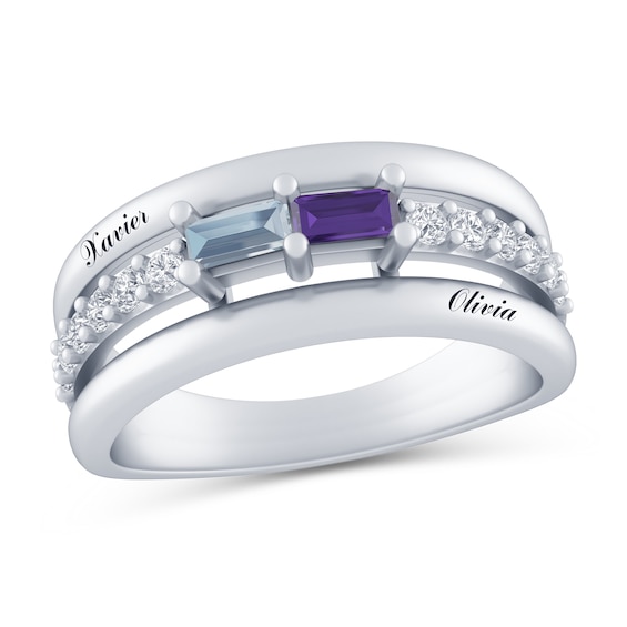 Engravable Baguette Gemstone and White Lab-Created Sapphire Multi-Row Couple's Ring (2 Stones)