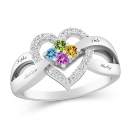 Engravable Gemstone and White Lab-Created Sapphire Family Heart Ring (4 Stones)