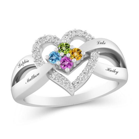 Engravable Gemstone and White Lab-Created Sapphire Family Heart Ring (4 Stones)