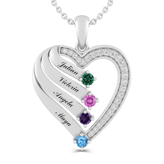Engravable Gemstone and White Lab-Created Sapphire Family Heart Pendant (2-4 Stones)