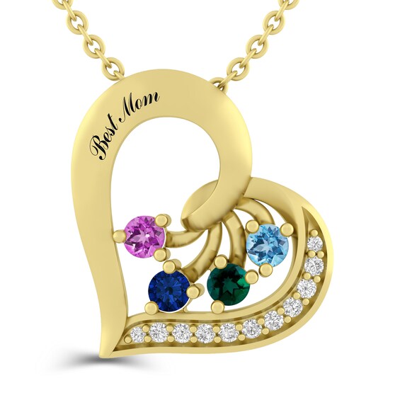 Engraveable Gemstone and White Lab-Created Sapphire Family Heart Pendant (2-4 Stones)