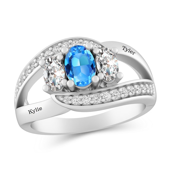Engraveable Oval Gemstone Three Stone and White Lab-Created Sapphire Ring (3 Stones)