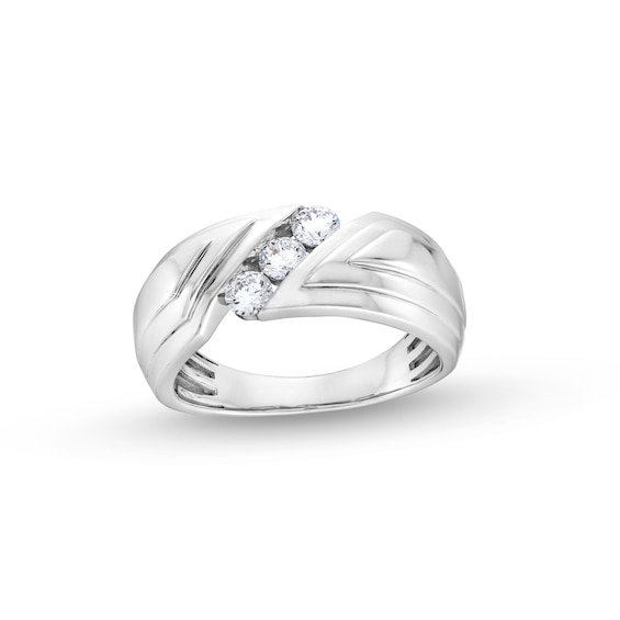 1/2 CT. T.w. Diamond Three Stone Slant Groove Band in 10K White Gold
