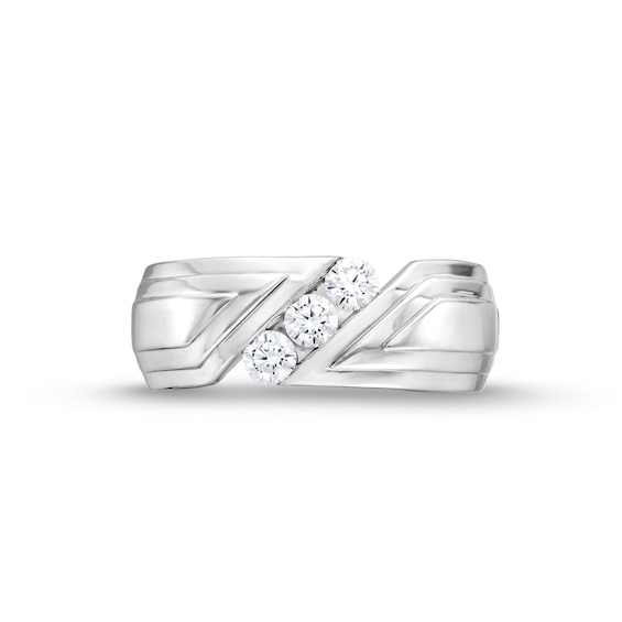 1/2 CT. T.w. Diamond Three Stone Slant Groove Band in 10K White Gold