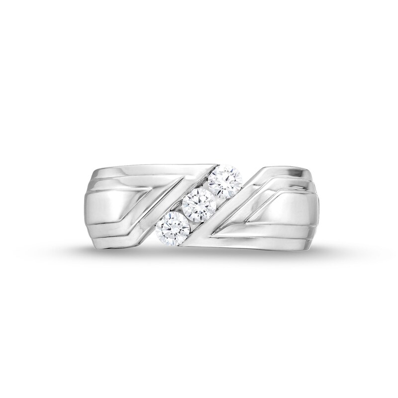 Main Image 4 of 1/2 CT. T.W. Diamond Three Stone Slant Groove Band in 10K White Gold