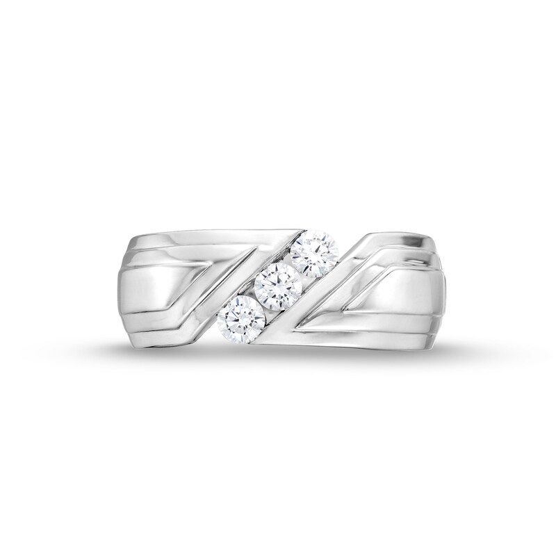 1/2 CT. T.W. Diamond Three Stone Slant Groove Band in 10K White Gold