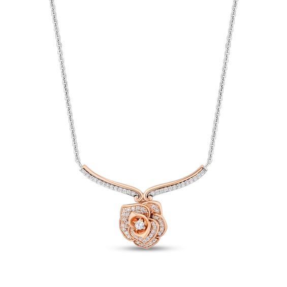 Enchanted Disney Belle 1/4 CT. T.w. Diamond Rose Chevron Necklace in Sterling Silver and 10K Rose Gold