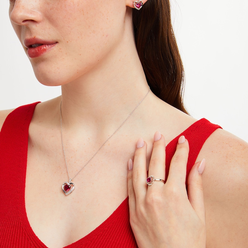 Main Image 2 of Heart-Shaped Lab-Created Ruby and White Lab-Created Sapphire Pendant, Ring and Earrings Set in Sterling Silver